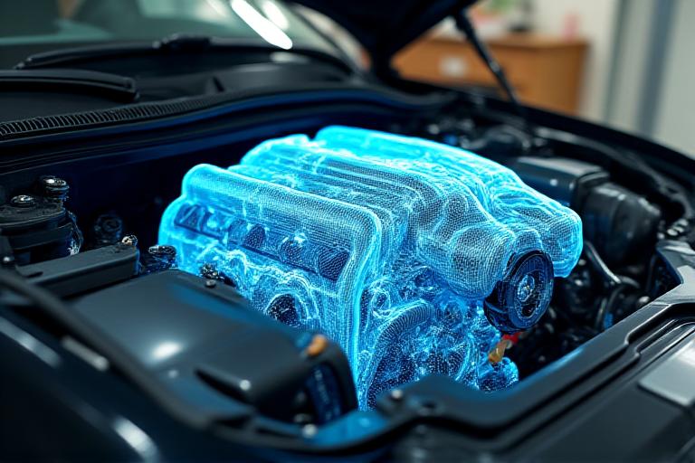 Digital wireframe overlay on a car engine bay representing 3D scanning